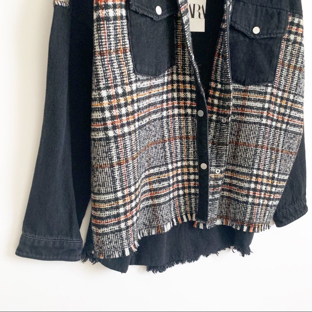Zara Denim Oversized Jacket Fray Hem Snap Front Plaid Black Size S - Picture 5 of 9